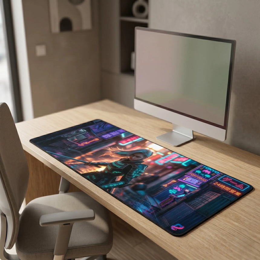 PopMyPad - Tapis de Souris Gamer - XXL 400x900mm - Cyberpunk Samurai Tokyo Neon