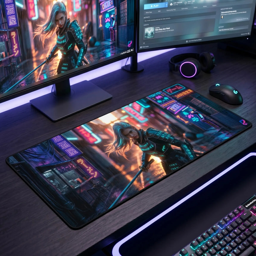 PopMyPad - Tapis de Souris Gamer - XXL 400x900mm - Cyberpunk Samurai Tokyo Neon