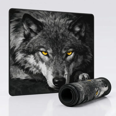 PopMyPad Gaming Mouse Pad XL/XXL Desk Mat - Alpha Wolf Yellow Eyes (Black and White)