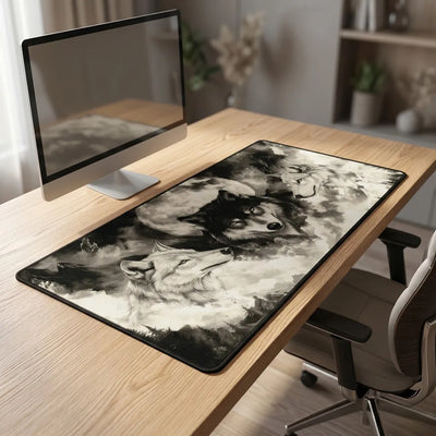 PopMyPad Gaming Mouse Pad XL/XXL Desk Mat - Three Wolves & Full Moon (Black and White)