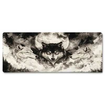PopMyPad Gaming Mouse Pad XL/XXL Desk Mat - Three Wolves & Full Moon (Black and White)
