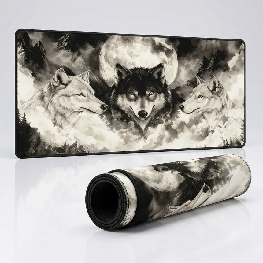 PopMyPad Tapis de Souris Gamer Deskmat XL/XXL - Trois Loups & Pleine Lune (Noir et Blanc)