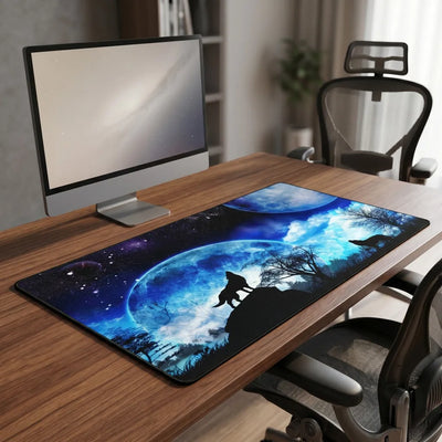 PopMyPad Gaming Mouse Pad XXL Desk Mat - Wolves Howling at the Blue Moon & Galaxy