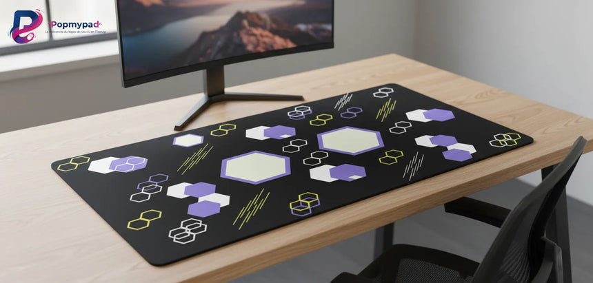 "Geometric Odyssey" Design Mouse Pad - XXL Purple & Neon Hexagons