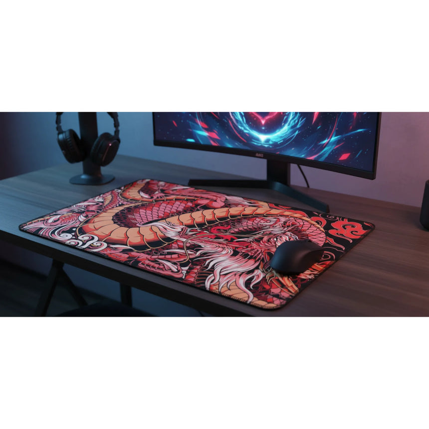 Tapis de Souris Dragon Oriental Rouge - Édition Mythique XXL sur un bureau avec un écran et des écouteurs.