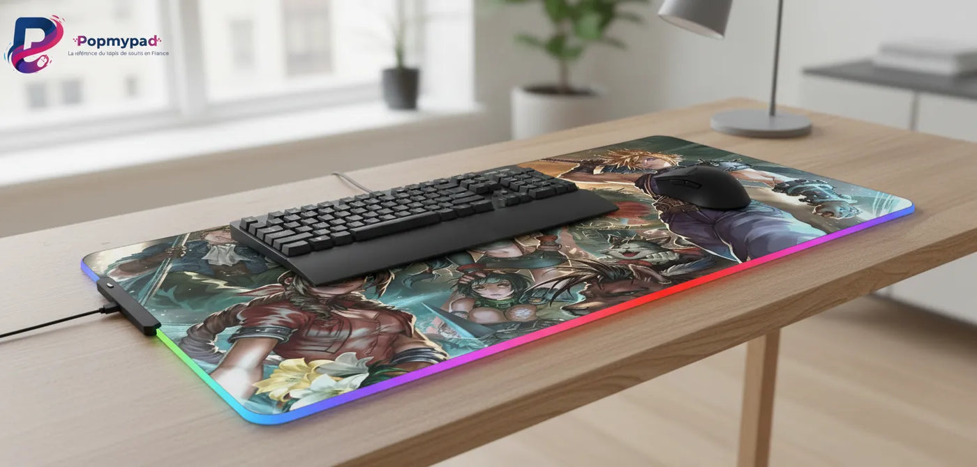 Tapis de Souris Gamer Final Fantasy VII - Édition Légendes de Midgar (XXL) sur un bureau avec clavier et souris.