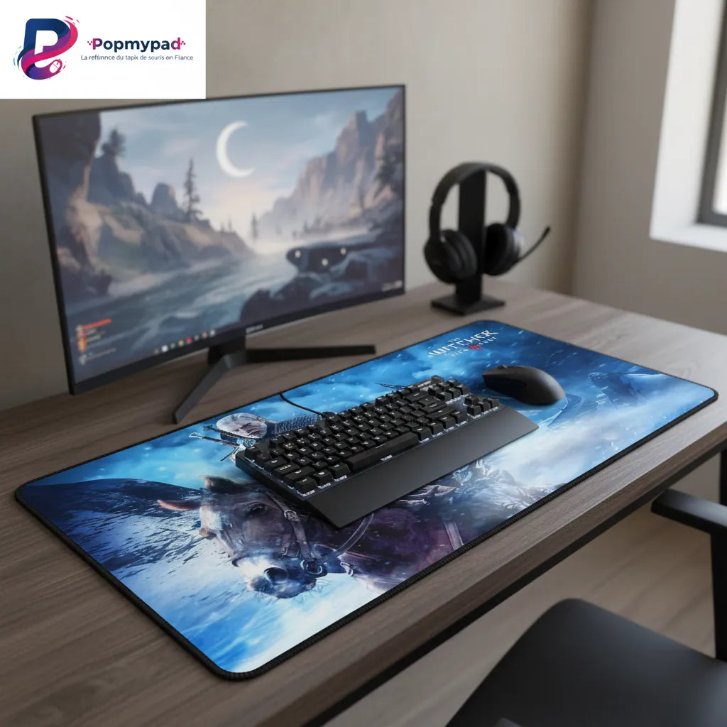 Tapis de Souris Gamer The Witcher - Édition Geralt & Ablette XXL sur un bureau avec un clavier et un écran.