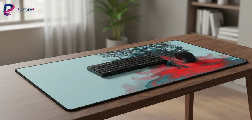 Tapis de Souris Gamer The Witcher - Édition Loup Géométrique XXL sur un bureau moderne avec un clavier et une souris.