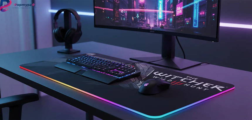 Tapis de Souris Gamer The Witcher - Édition Loup Géométrique (XXL & RGB) sur un bureau moderne avec clavier et écran.