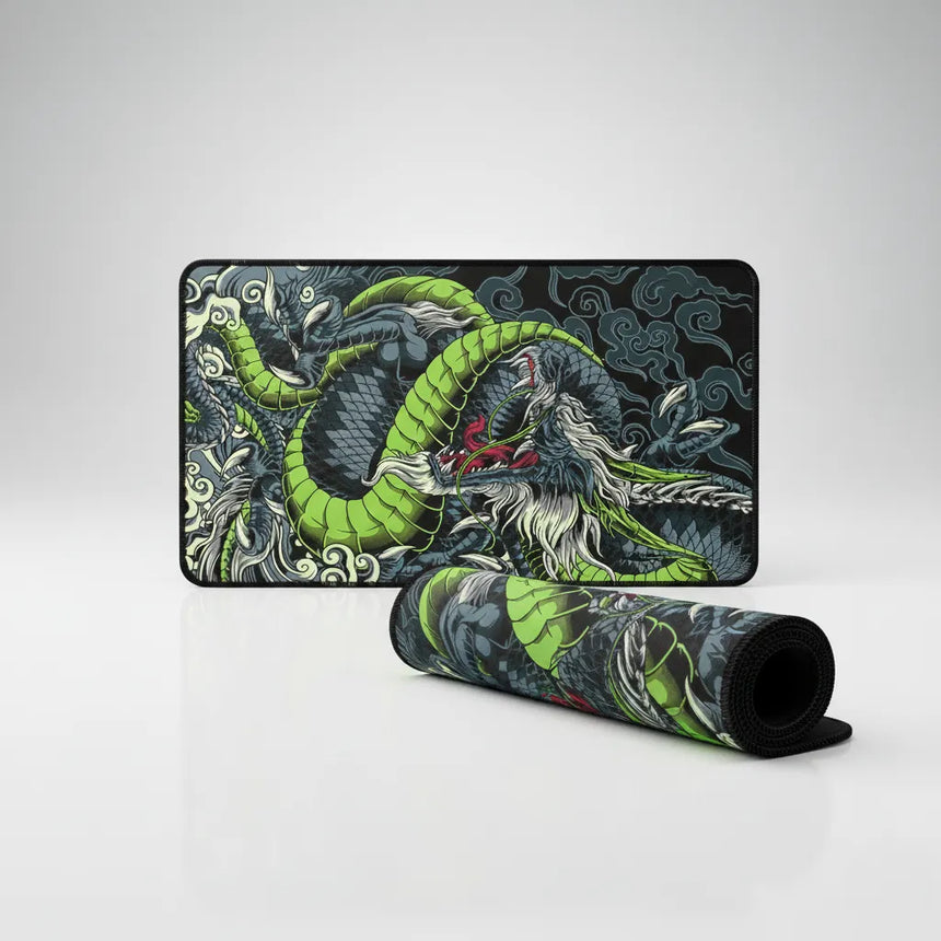 Tapis de Souris Gamer XXL - Dragon Japonais Vert & Noir avec design émeraude et dragon japonais.