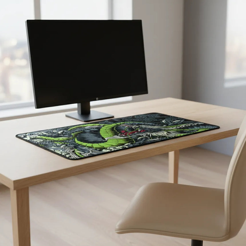Tapis de Souris Gamer XXL - Dragon Japonais Vert & Noir sur un bureau moderne avec un écran.