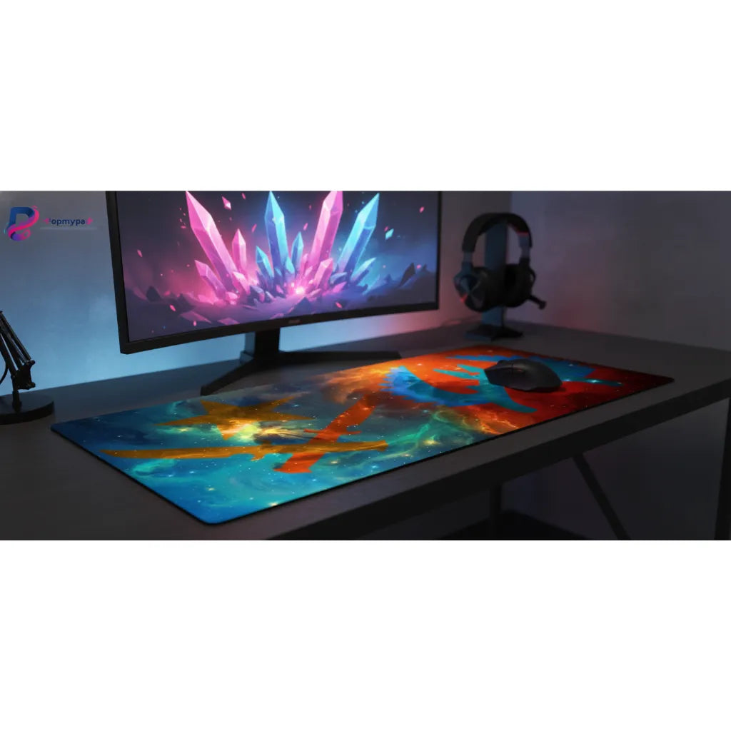 Tapis de Souris Gaming - CS Cosmic Duel : L’Affrontement T vs CT sur un bureau avec un ordinateur et des écouteurs.