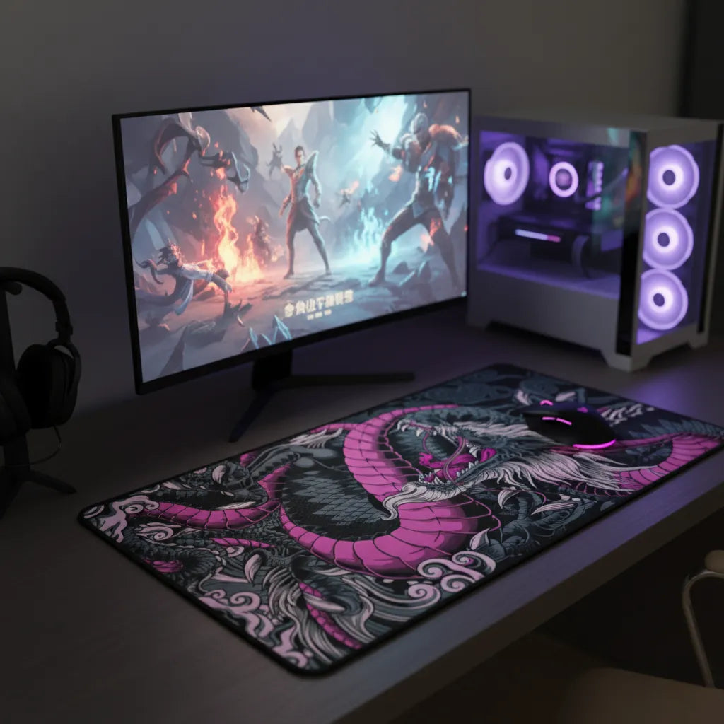 Tapis de Souris Gaming Dragon Néon Rose & Noir - XXL sur un bureau gaming avec pc et écran.