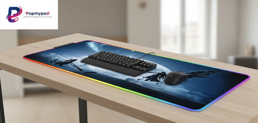 Tapis de Souris Gaming Final Fantasy - Édition Limitée Esport sur un bureau avec clavier et souris.