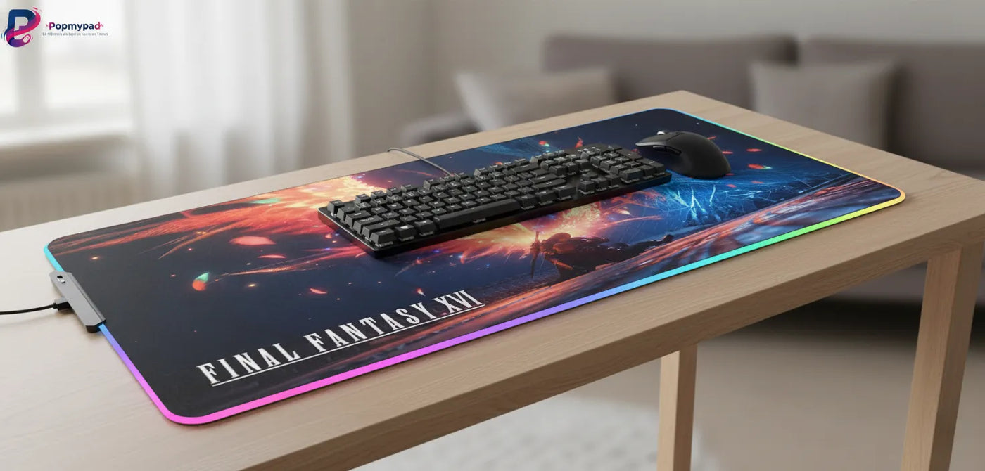 Tapis de Souris Gaming Final Fantasy XVI - Édition Phoenix RGB XL sur un bureau avec clavier et souris.
