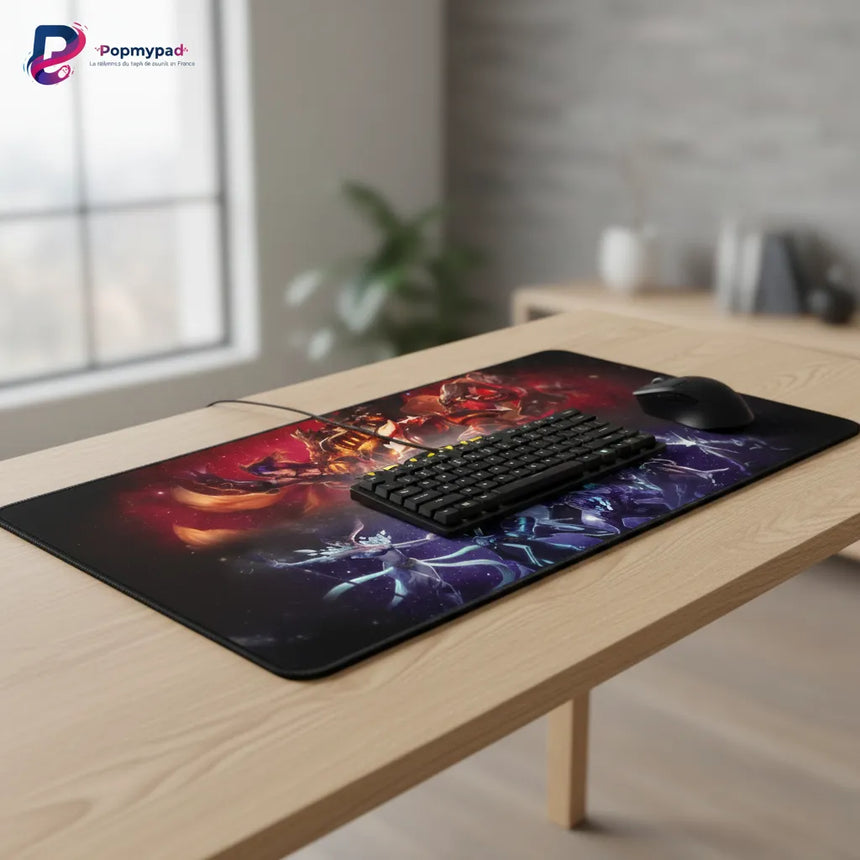 Tapis de Souris Gaming League of Legends - L'Affrontement des Champions XXL sur une table avec un clavier et une souris.