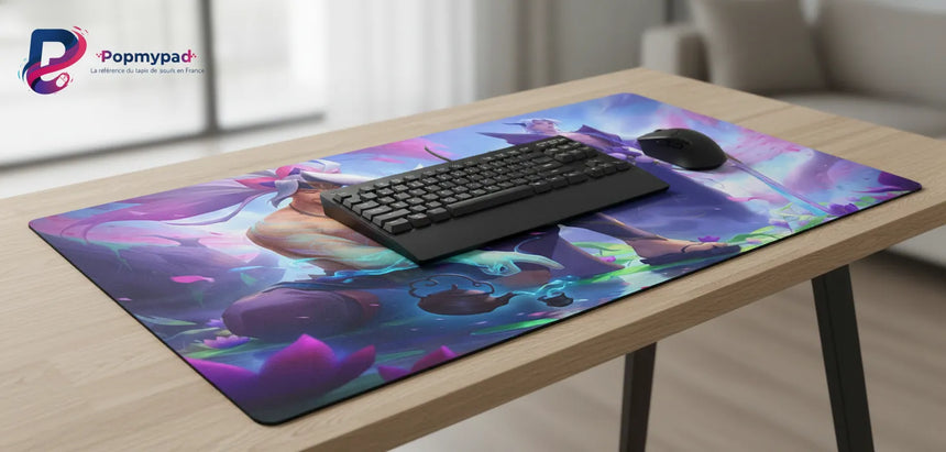 Tapis de Souris Gaming League of Legends - Spirit Blossom : Yasuo & Yone sur un bureau avec un clavier et une souris.
