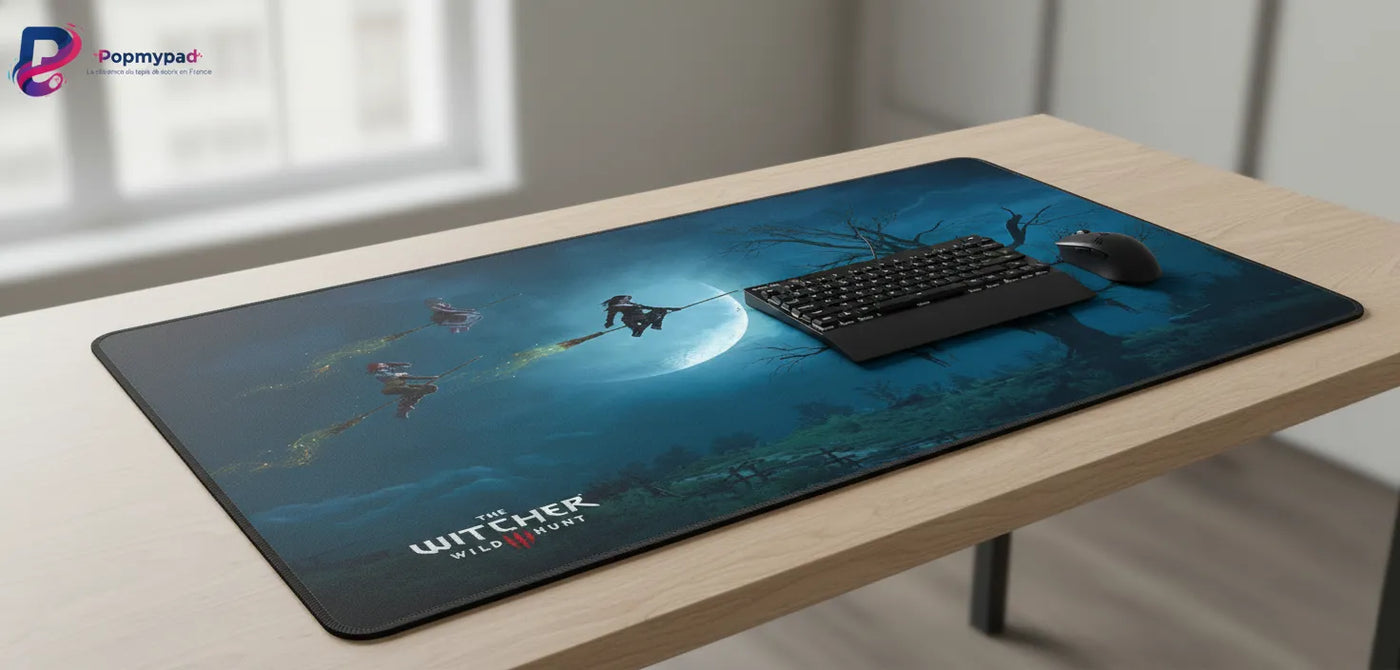 Tapis de Souris Gaming The Witcher - Édition Magiciennes & Sorcellerie avec illustration des sorcières sur bureau.