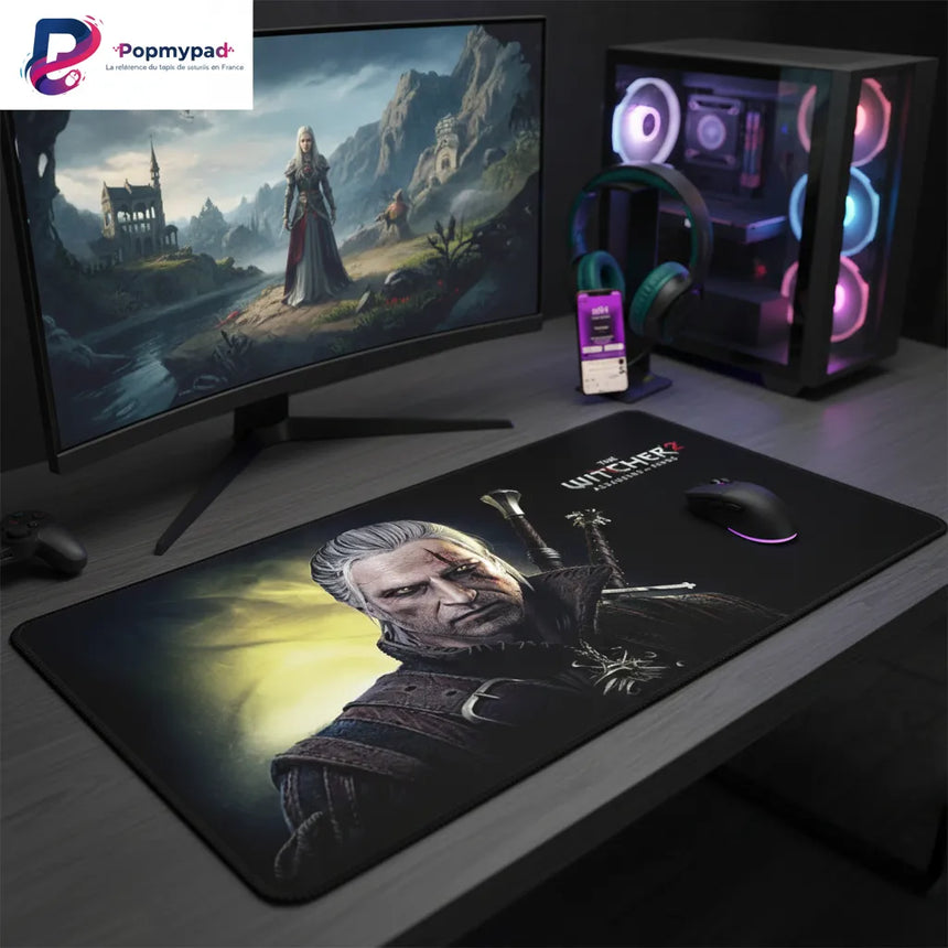 Tapis de Souris Gaming The Witcher 2 - Geralt de Riv - Édition Esport XXL sur un bureau moderne avec un écran de jeu.