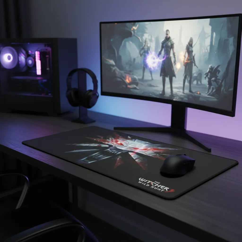 Tapis de Souris Gaming The Witcher 3 - Édition Wolf Medallion sur un bureau avec un moniteur de jeu