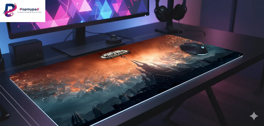 Tapis de Souris Gaming World of Warcraft - Édition Limitée Icecrown Citadel XXL sur un bureau gaming moderne.