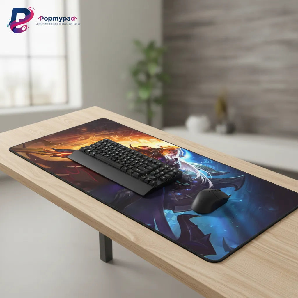 Tapis de Souris Gaming XXL - League of Legends Édition All-Stars sur un bureau avec clavier et souris.