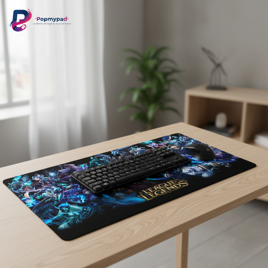Tapis de Souris Gaming XXL - League of Legends Édition Spectral Shadows sur un bureau avec clavier et souris.