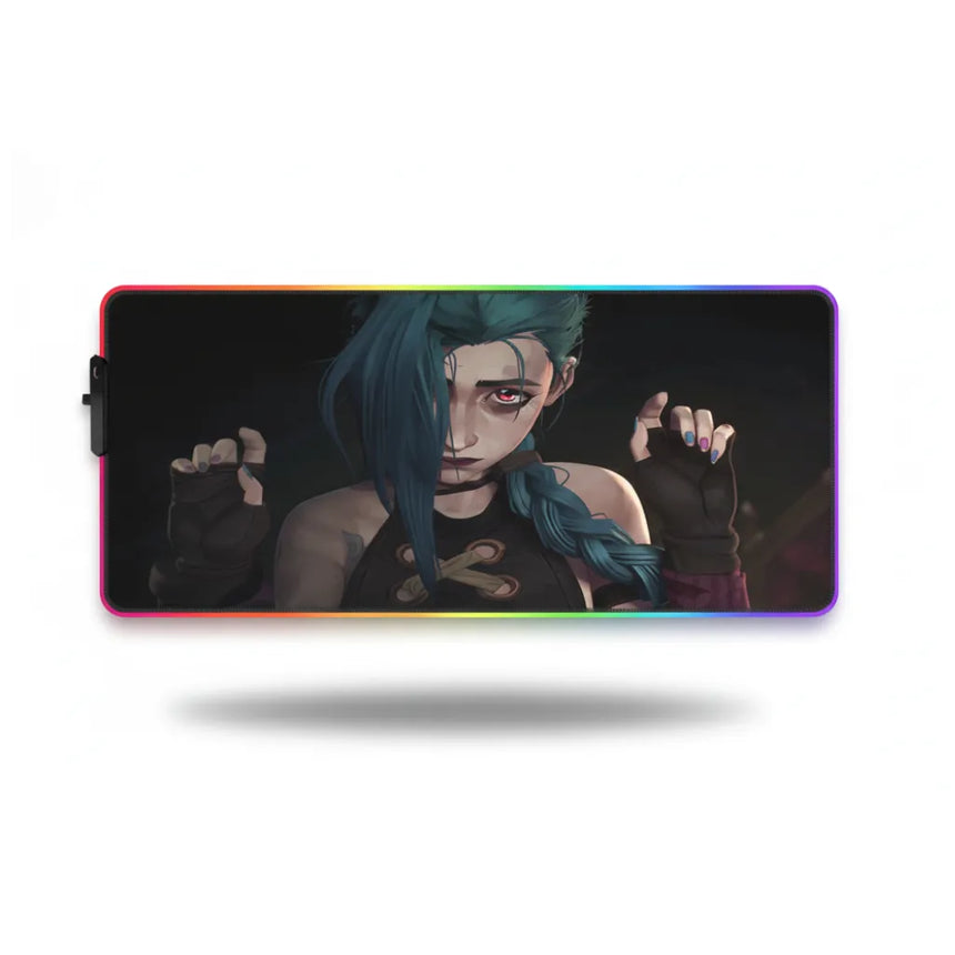 Tapis de Souris League of Legends Jinx RGB - Édition Performance Arcane avec image de Jinx et éclairage RGB.