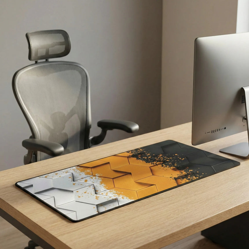 Polygon 3D Mouse Pad — Geometric Design Orange & Black