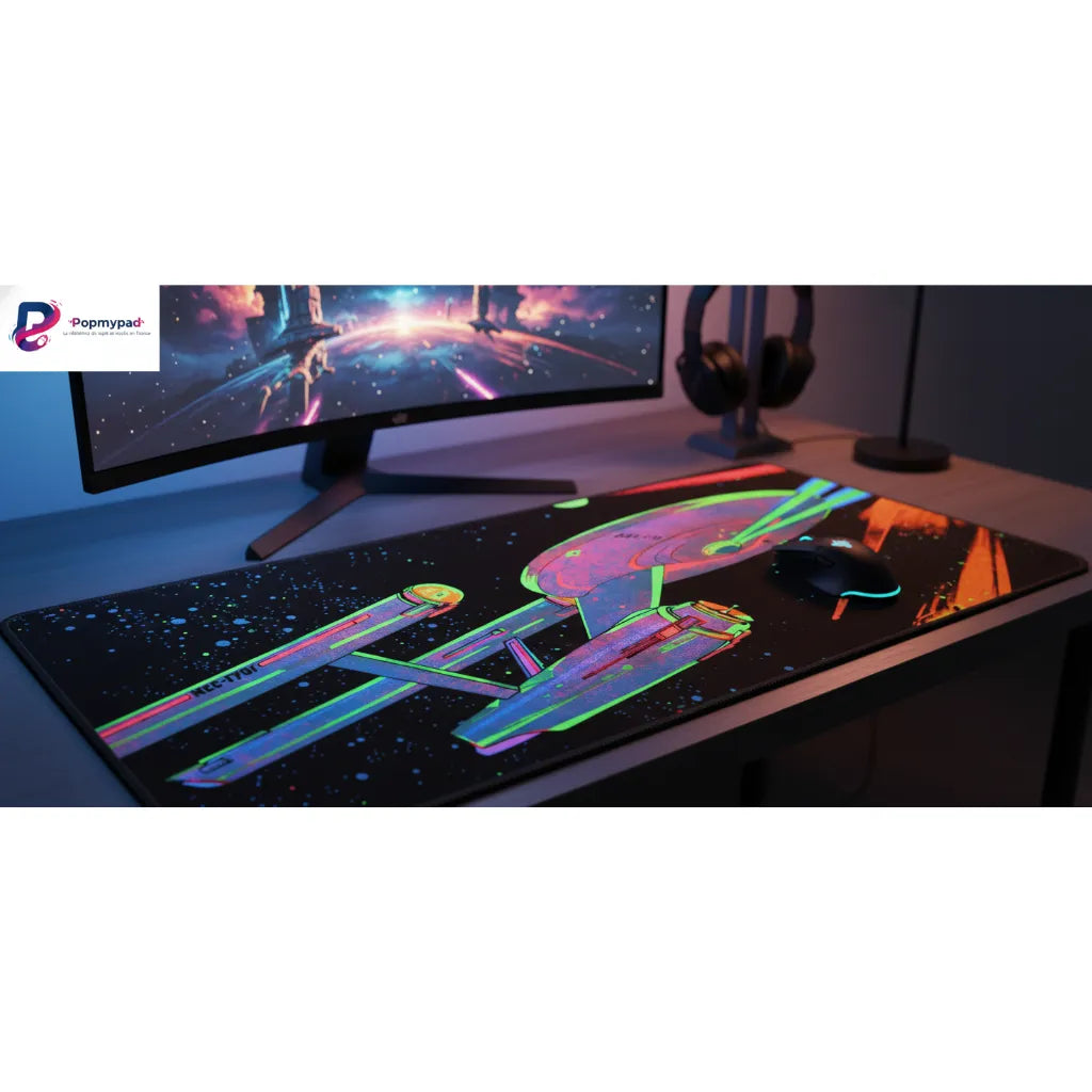 Tapis de Souris Star Trek - Édition Limitée USS Enterprise NCC-1701 Néon sur un bureau avec un écran de gaming.