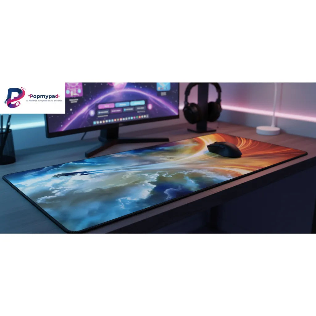 Tapis de Souris Star Trek : L’Odyssée Spatiale de l'USS Enterprise sur un bureau avec un ordinateur et des écouteurs.