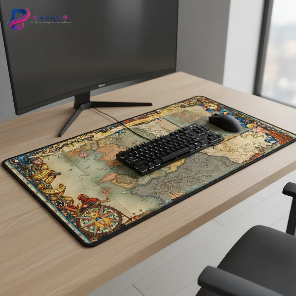Tapis de Souris The Witcher - Édition Carte du Continent - XXL sur un bureau avec un clavier et une souris