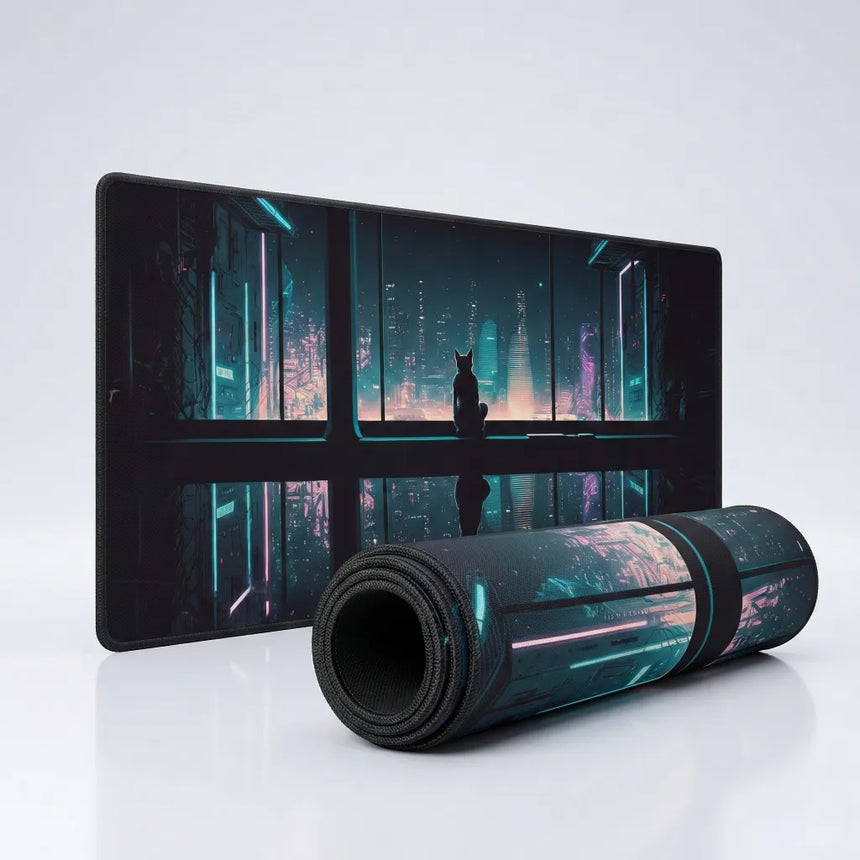 XXL Cat Mouse Pad - Cyberpunk Horizon & Contemplative Cat Edition