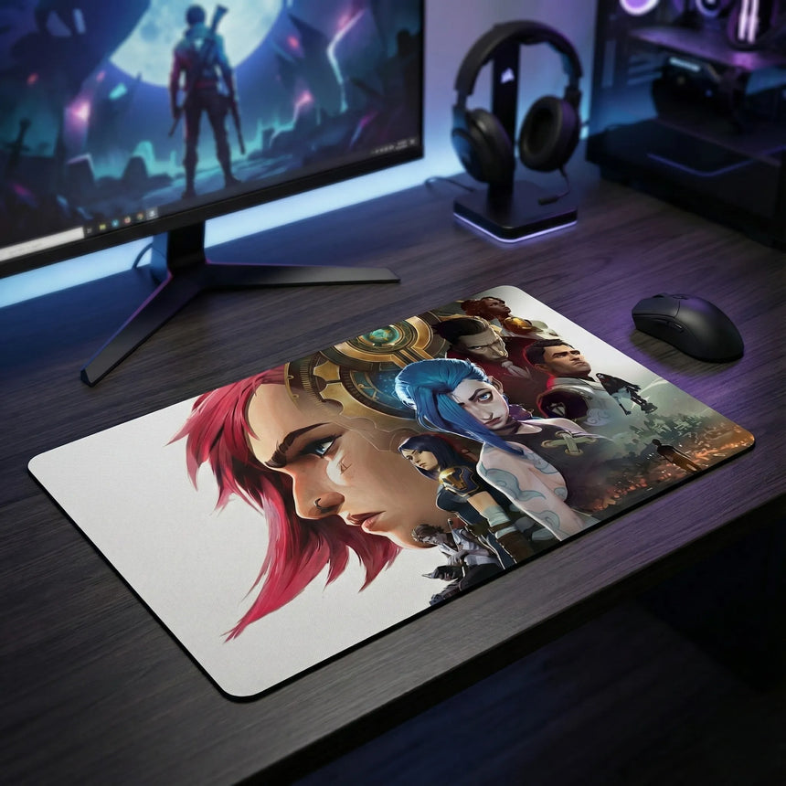 Tapis de Souris XXL Arcane - Édition Limitée League of Legends Jinx & Vi avec designs de personnages emblématiques.