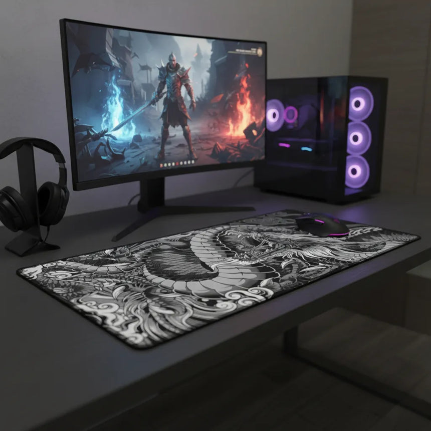 Tapis de Souris XXL Dragon Japonais - Édition Monochrome Impériale sur un bureau moderne avec un écran de jeu.
