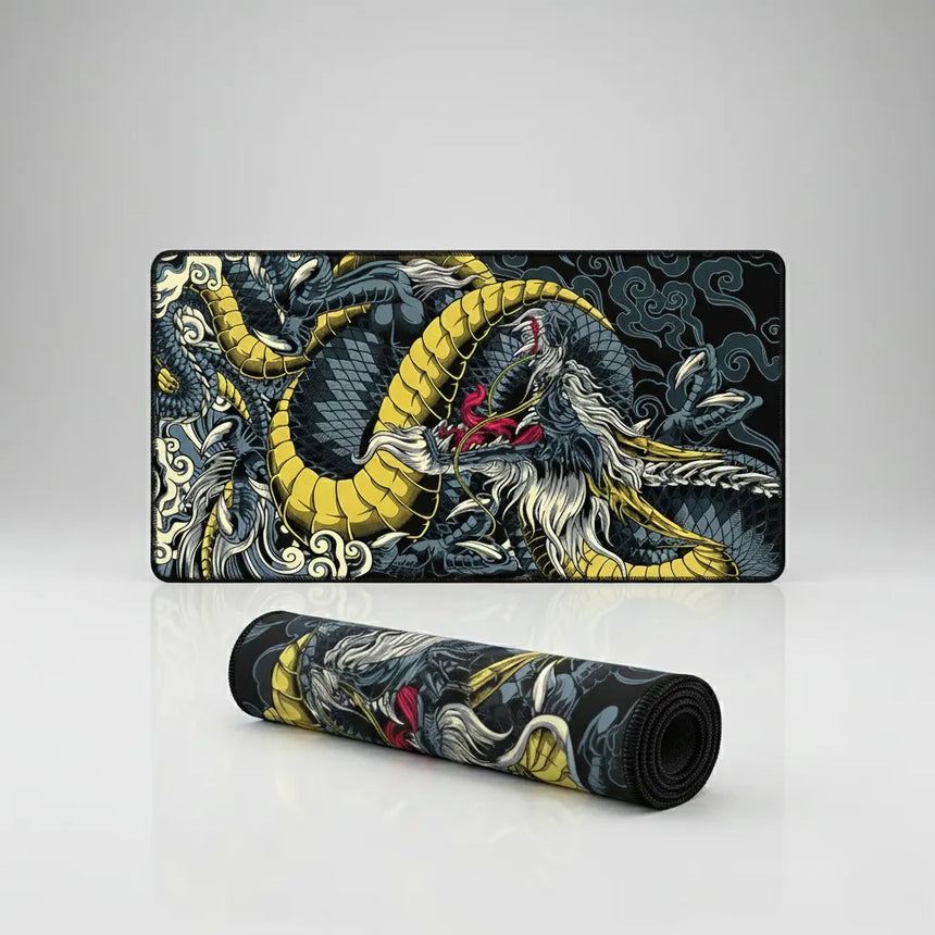 Tapis de Souris XXL Dragon Japonais - Édition Ryu Gold & Black offrant un design magnifique de dragon japonais.