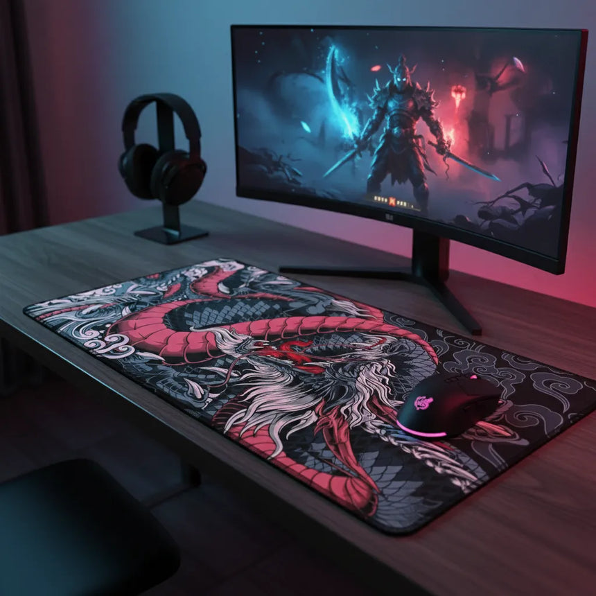Tapis de Souris XXL Dragon Japonais - Édition Ryu Ocre & Charcoal sur un bureau avec un écran de jeu.
