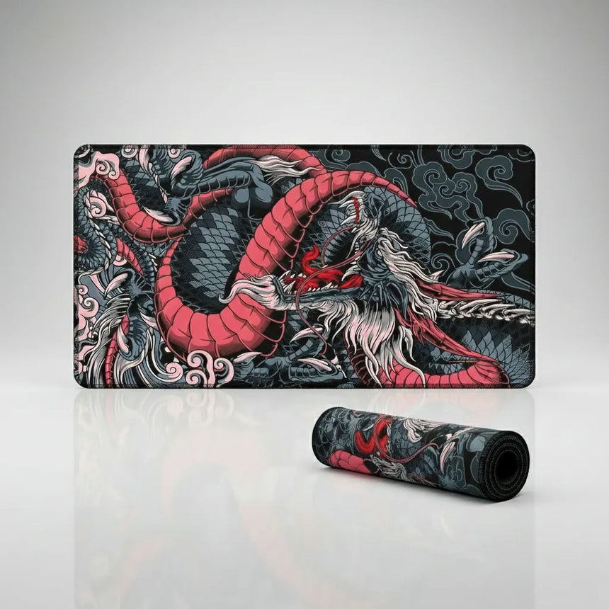 Tapis de Souris XXL Dragon Japonais - Édition Ryu Ocre & Charcoal avec design dragon rouge et noir