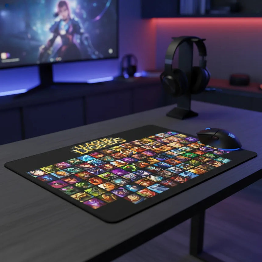 Tapis de Souris XXL League of Legends - Édition Grille des Champions Anthologie affichant une mosaïque de champions.