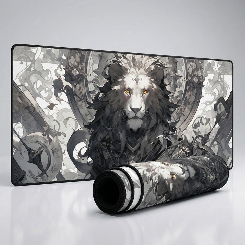 XXL Steampunk Mechanical Lion Mouse Pad - Monochrome Art