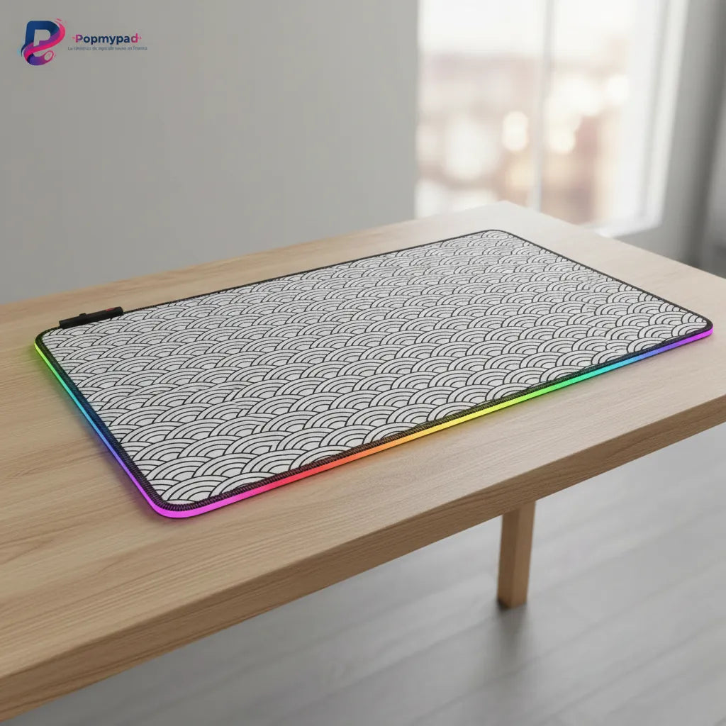 Tapis de Souris XXL Seigaiha - Design Japonais Zen & Bordure RGB Lumineuse sur un bureau en bois.