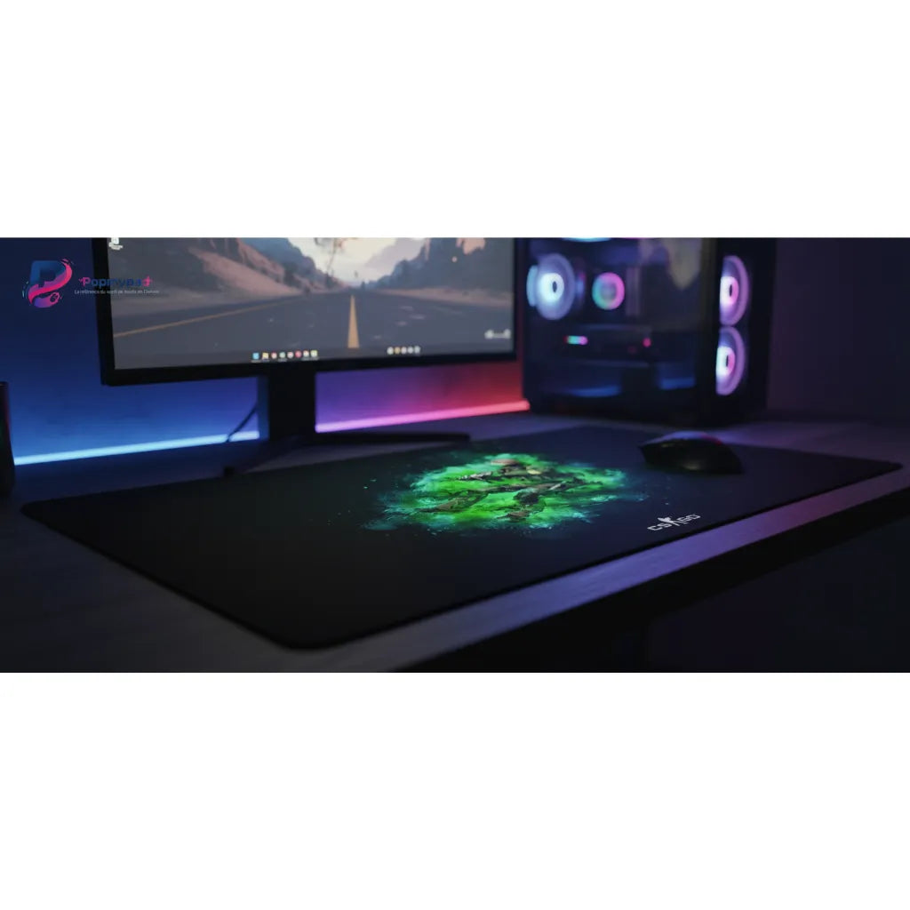 Tapis de souris CSGO Edition Toxic Green - Glisse Ultime Esport sur un bureau à la lumière ambiante.