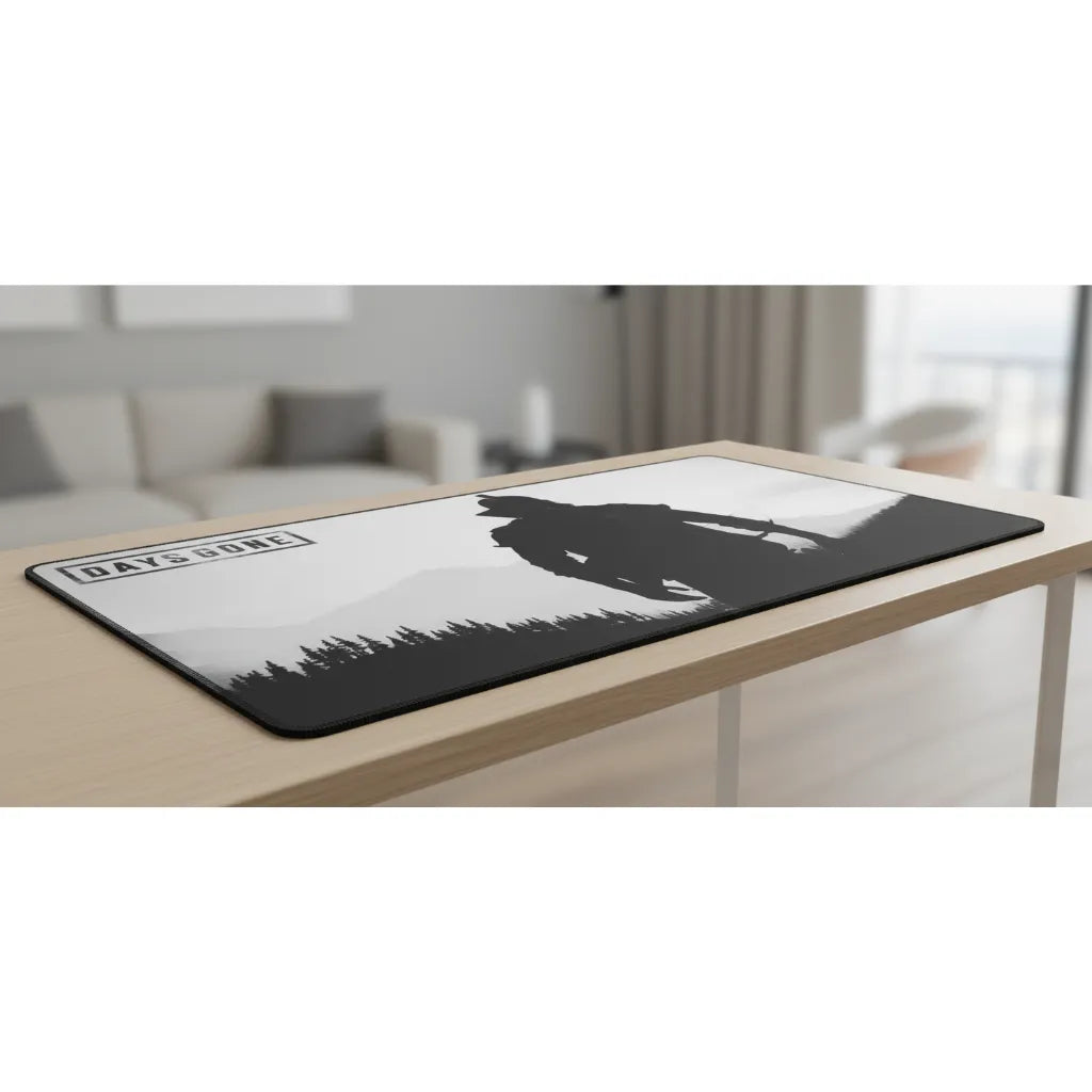 Tapis de souris Days Gone - Edition Survivalist Monochrome avec design en noir et blanc sur une table.