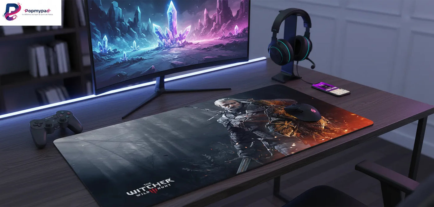 Tapis de souris Gamer - The Witcher III : Wild Hunt Edition - Précision & Vitesse sur un bureau de jeu avec écran et accessoires.