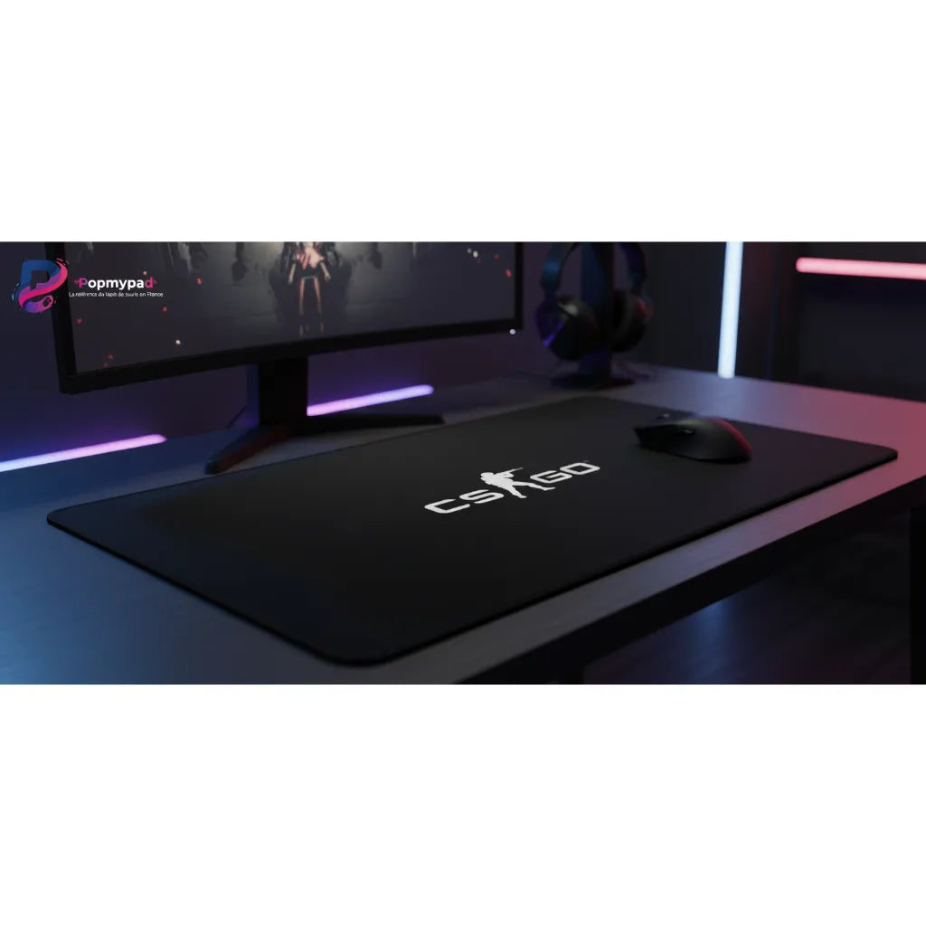 Tapis de souris Gamer CS:GO - Édition Tactique "Clutch or Kick" sur un bureau de gamer avec écran.