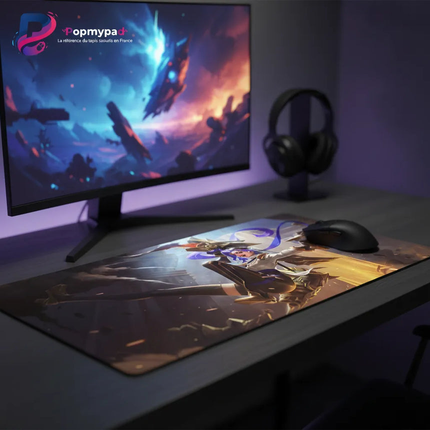 Tapis de souris Gamer Jinx - League of Legends Edition Chaos & Précision sur un bureau avec un écran et un casque.