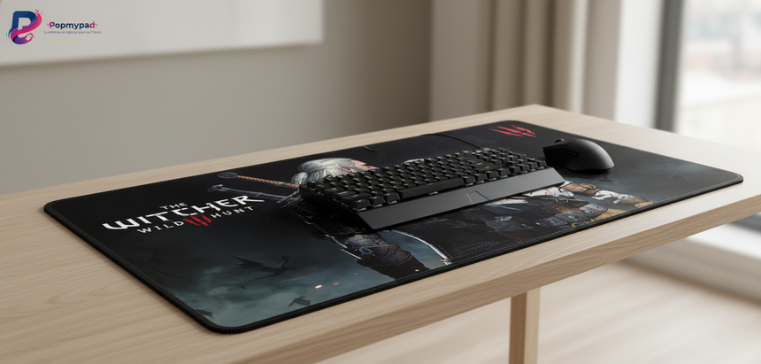Tapis de souris Gamer XXL The Witcher 3 - Édition "Destinée du Sorceleur" avec clavier et souris sur bureau.