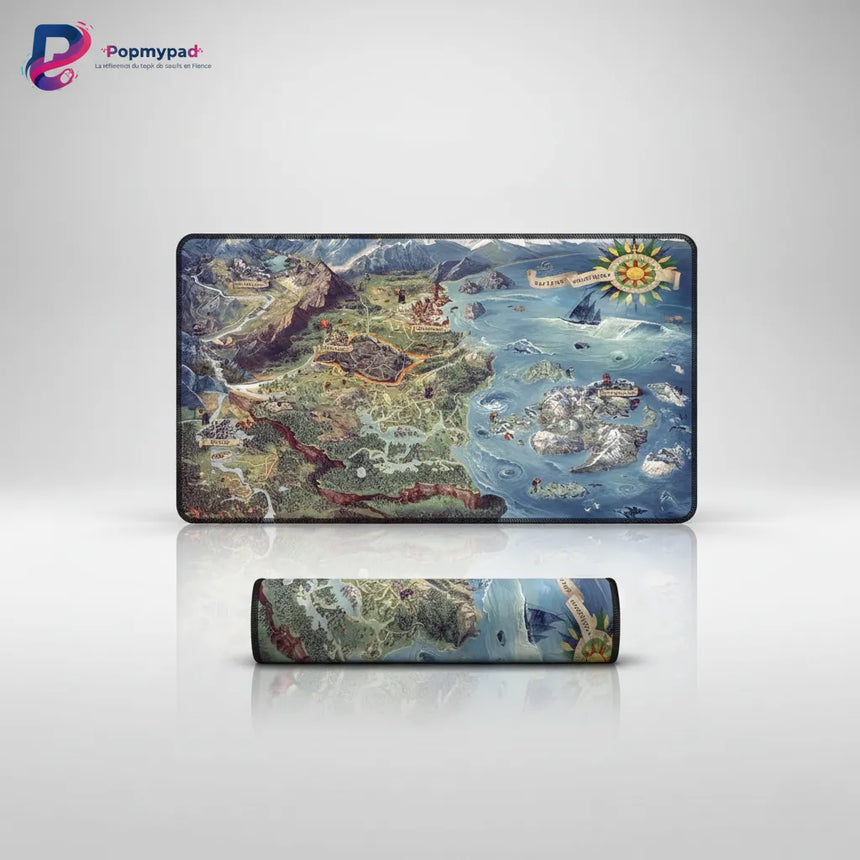 Tapis de souris Gamer XXL The Witcher 3 - Édition Master Setup avec carte du Continent et illustrations épiques.
