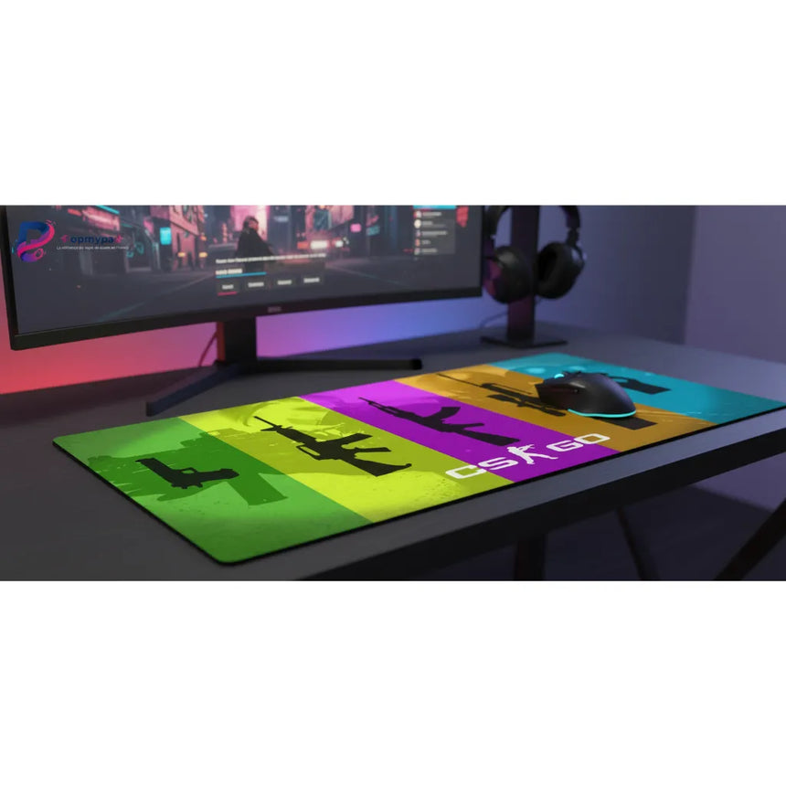 Tapis de souris Gaming CSGO - Tactical Spectrum Edition avec design dynamique et silhouettes d'armes.