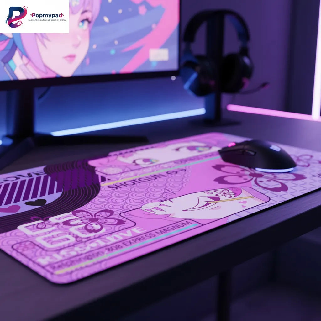 Tapis de souris Gaming CS:GO Edition Cyber-Manga & Sakura – Précision Ultime sur un bureau avec écran et casque.